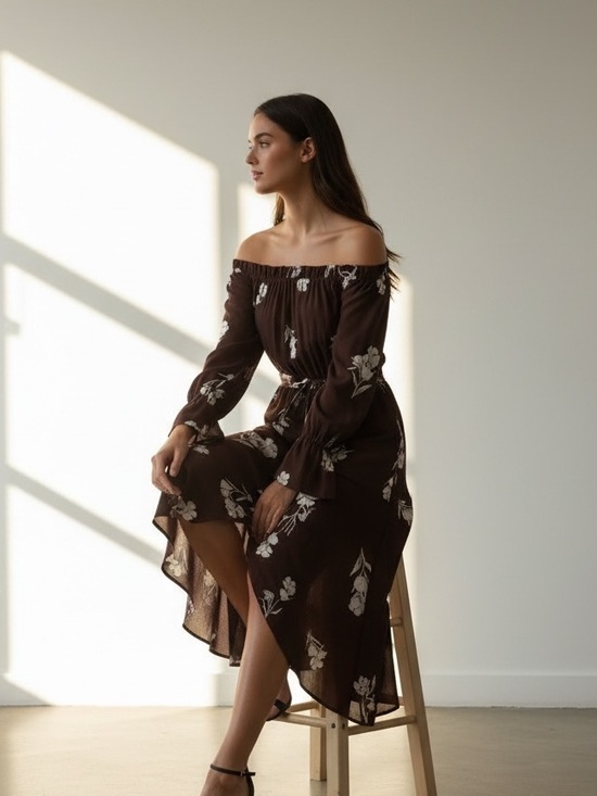 Dee Elly Dresses & Skirts - Off-Shoulder Brown Floral Midi Dress with Tie Waist